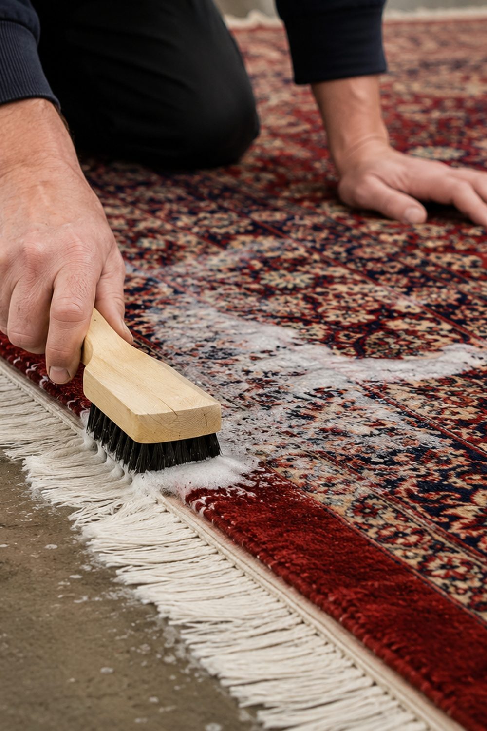Hands working a wash brush through the pile of a Persian rug
