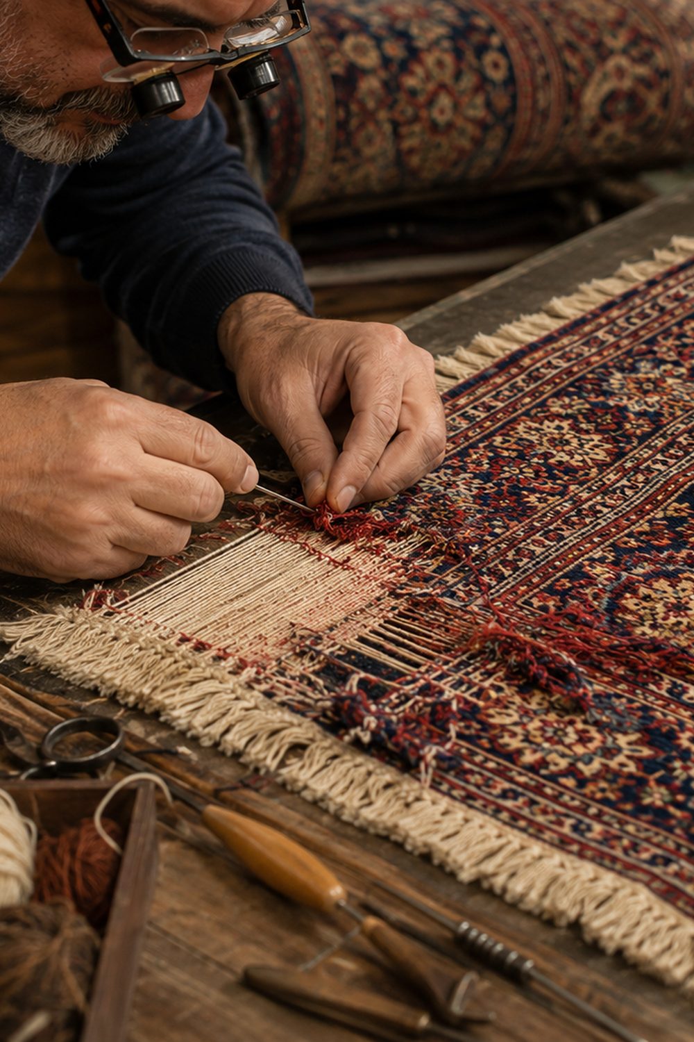 An artisan reweaving the fringe of an antique rug by hand